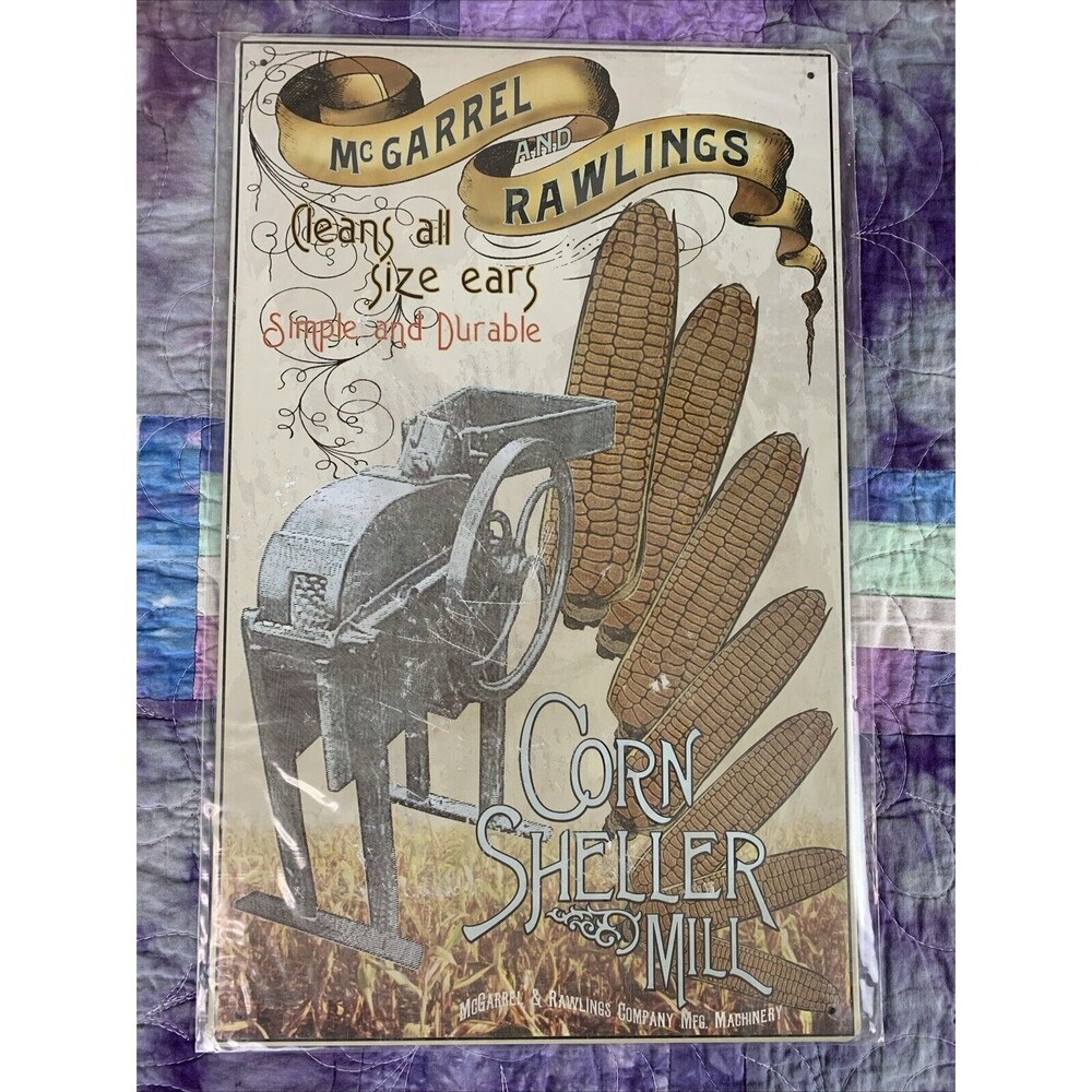 OLD MC GARREL RAWLINGS CORN SHELLER MILL TIN SIGN REPRODUCTION Garage Decor - Picture 1 of 3